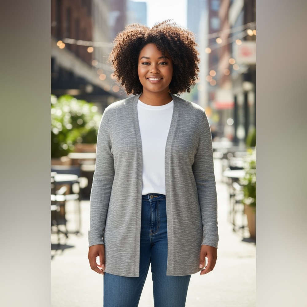 J.Jill XL- Linen Blend Gray Open Front Cardigan Sweater Heathered